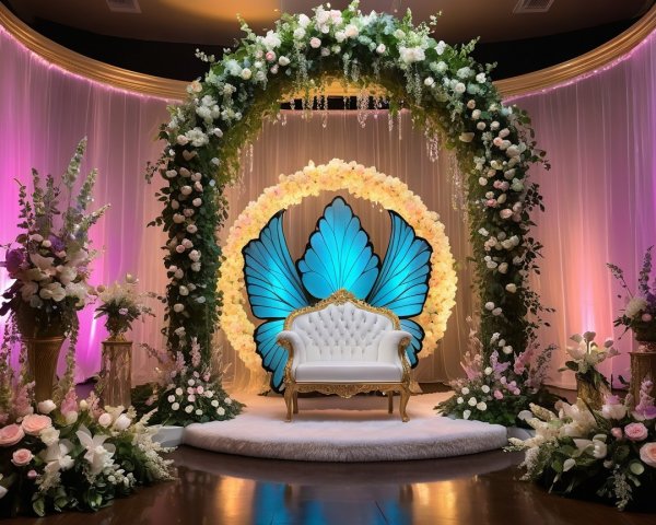 Elegant Event Setup with Floral Arch and Sofa