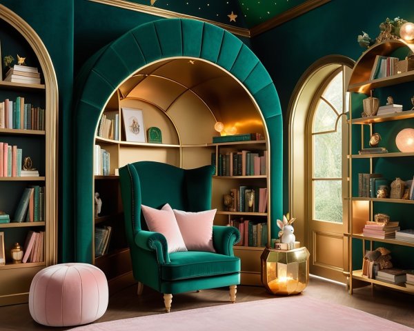 Stylish Reading Nook with Emerald Armchair and Gold Shelves