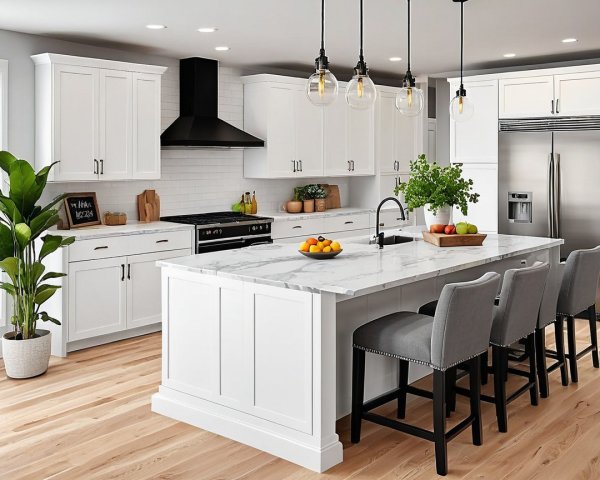 Modern Kitchen with White Cabinets and Marble Island