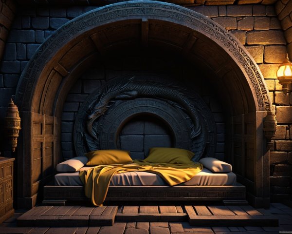 Cozy nook with stone wall and dragon design
