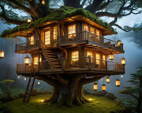 Whimsical Treehouse Surrounded by Towering Trees
