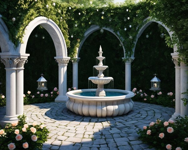 Elegant Three-Tiered Fountain in Serene Courtyard