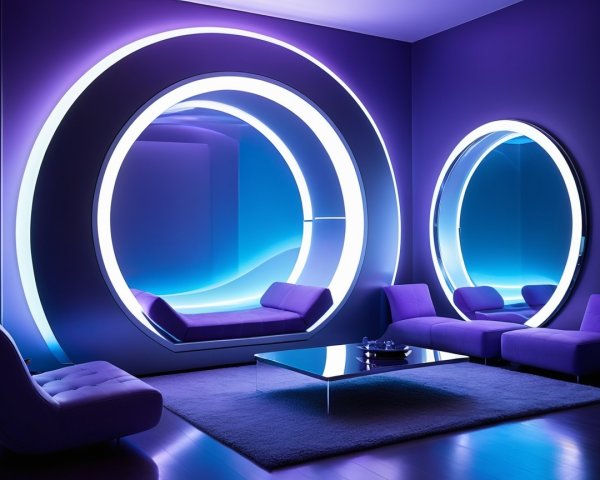 Futuristic Interior Design with Circular Mirrors and Lighting