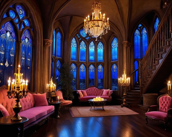 Opulent Gothic Room with Stained-Glass Windows