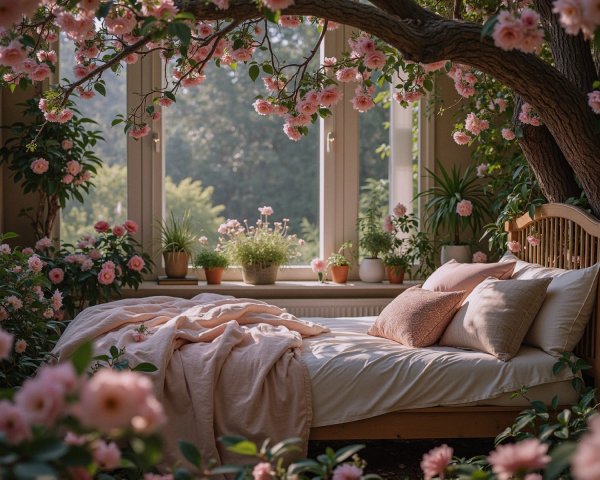 Serene Bedroom with Cozy Bed and Flowering Plants