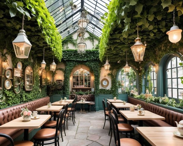 Charming Café with Greenery and Inviting Atmosphere