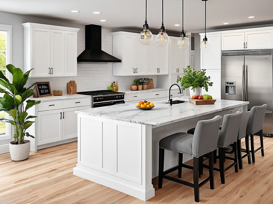Modern Kitchen with White Cabinets and Marble Island