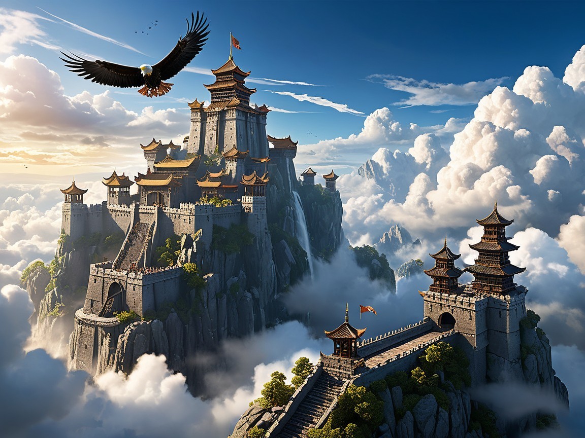 Mountain Fortress with Pagodas and Golden Rooftops
