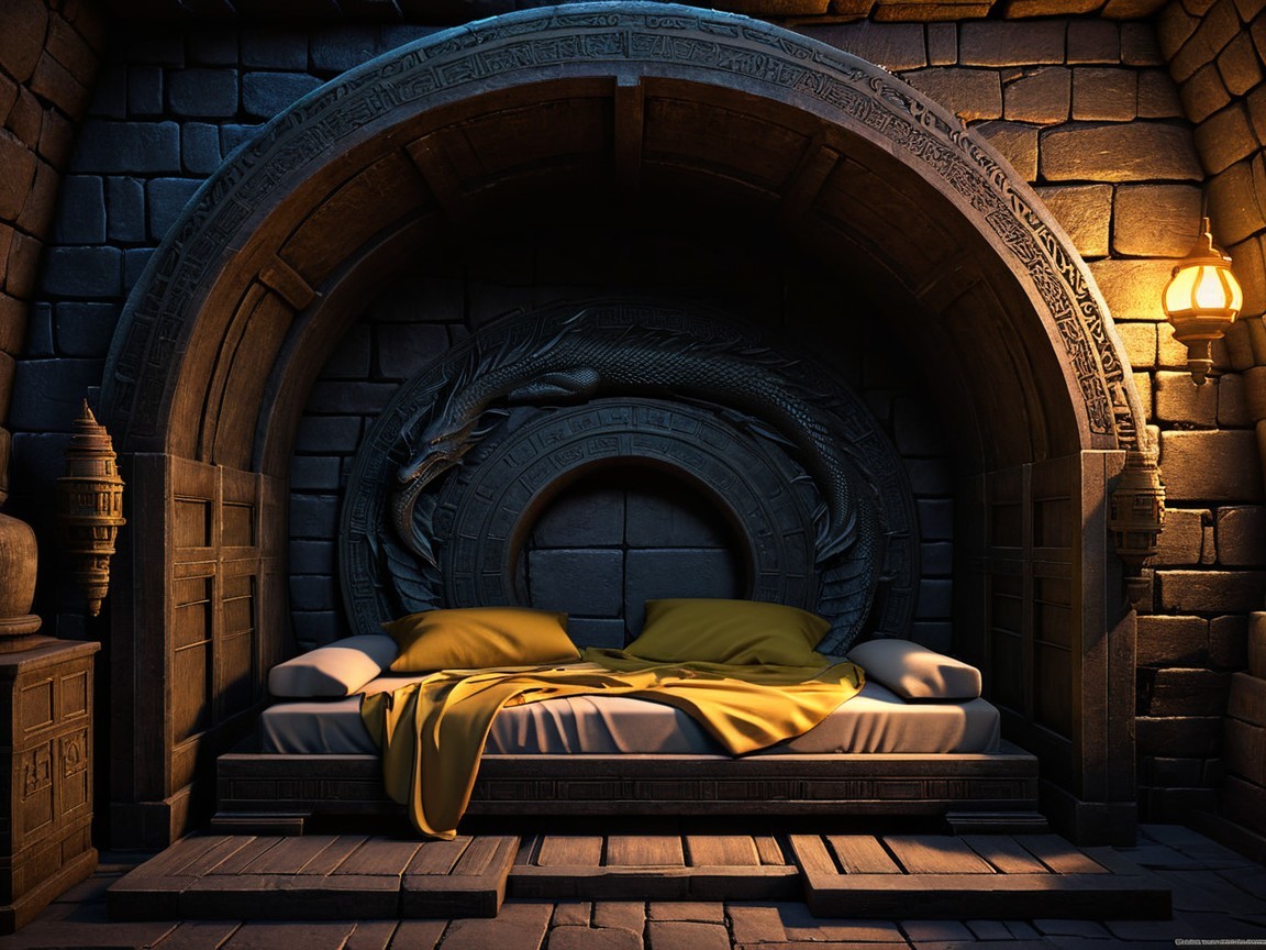 Cozy nook with stone wall and dragon design