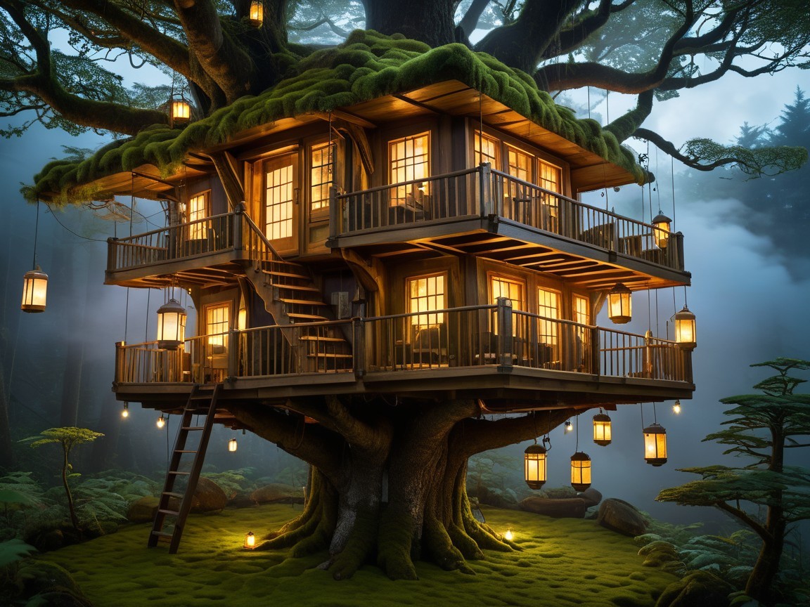 Whimsical Treehouse Surrounded by Towering Trees