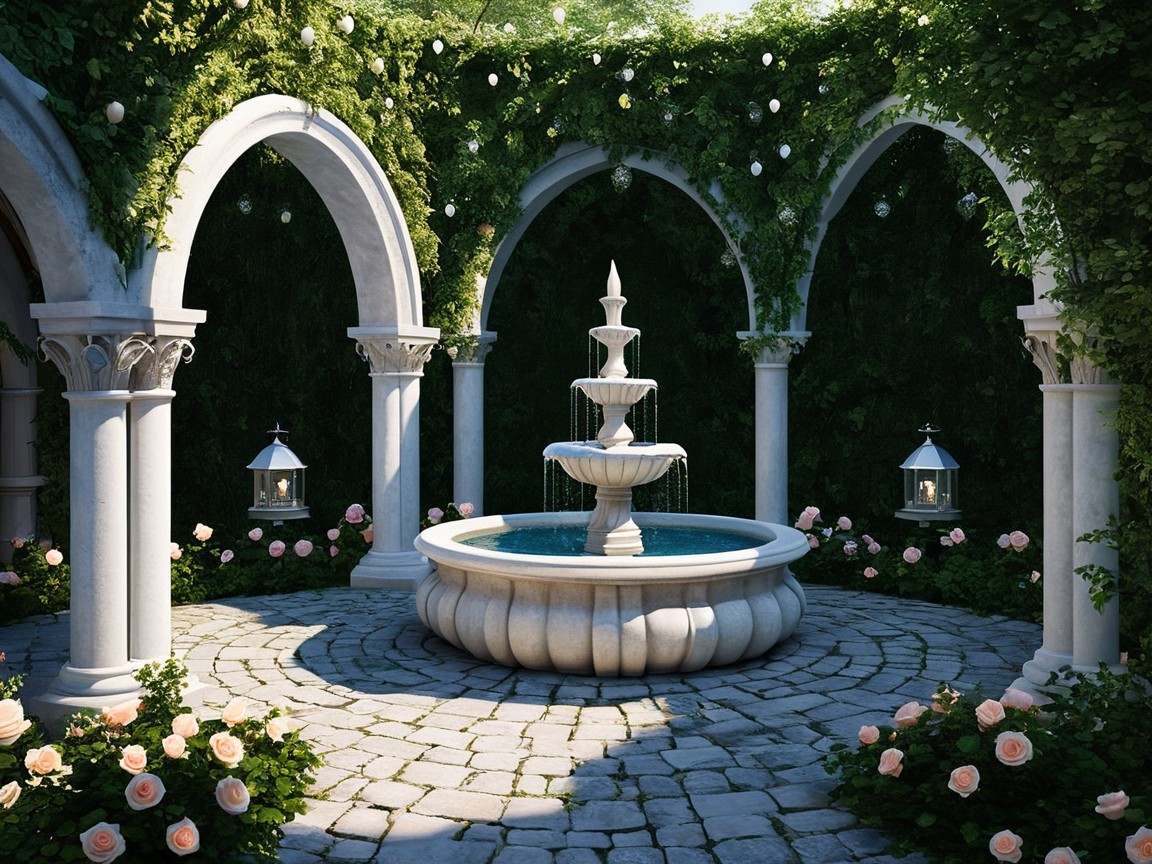 Elegant Three-Tiered Fountain in Serene Courtyard