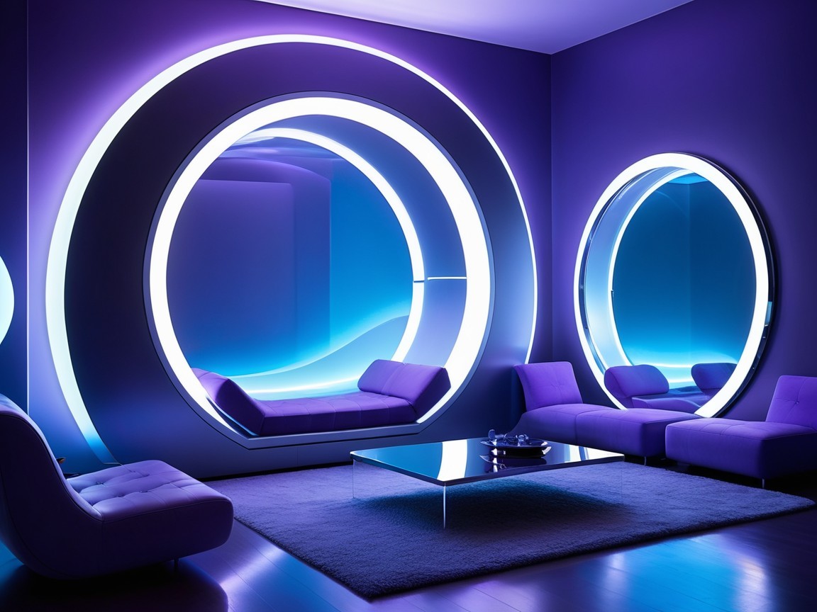 Futuristic Interior Design with Circular Mirrors and Lighting