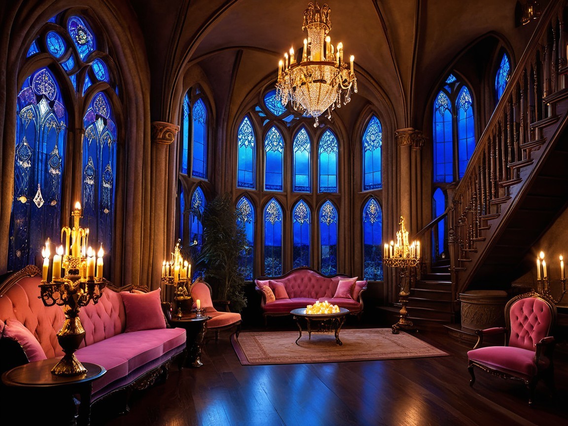 Opulent Gothic Room with Stained-Glass Windows