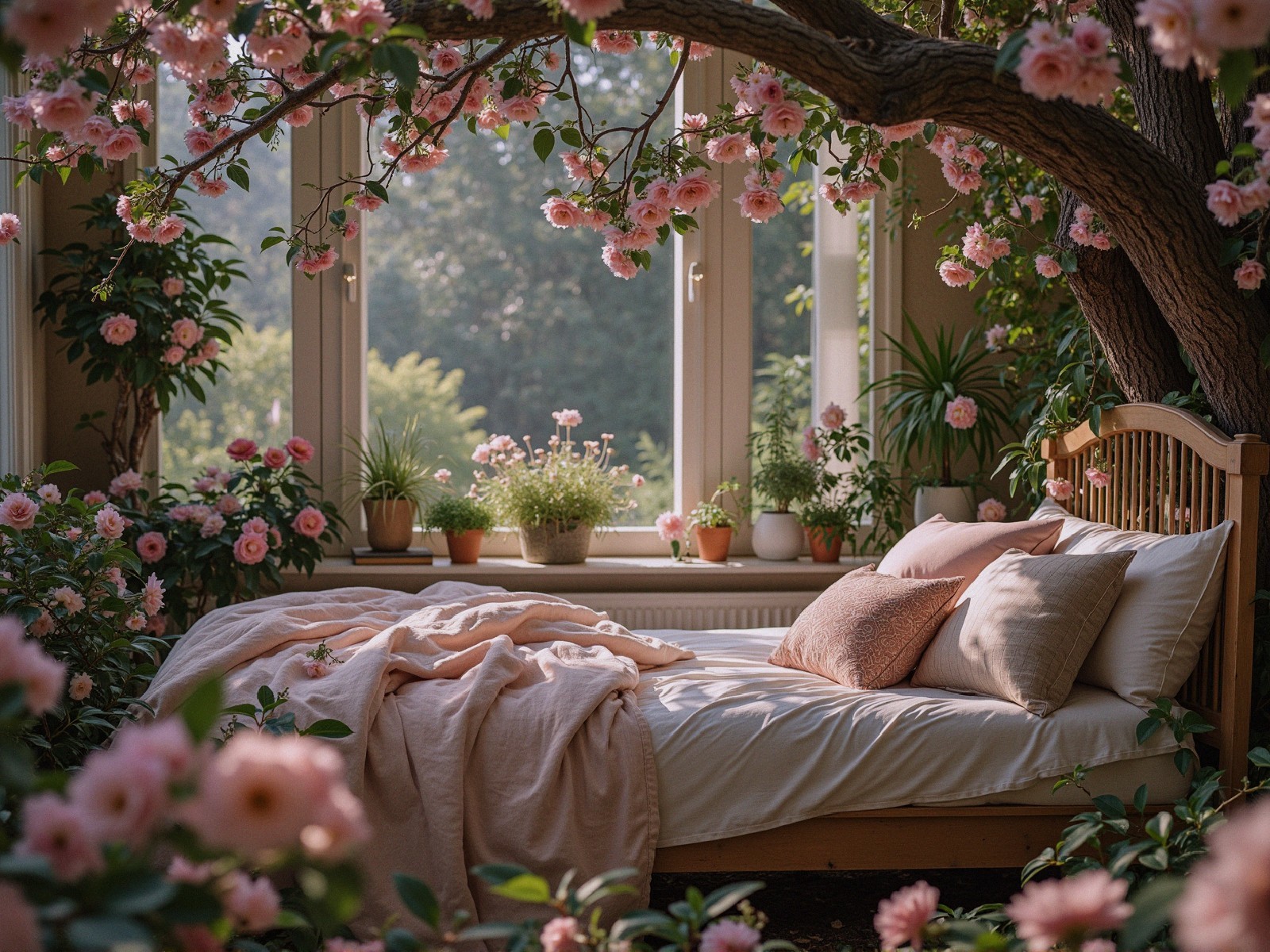 Serene Bedroom with Cozy Bed and Flowering Plants