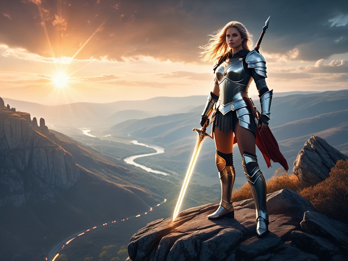 Female Warrior in Silver Armor at Sunset Overlook
