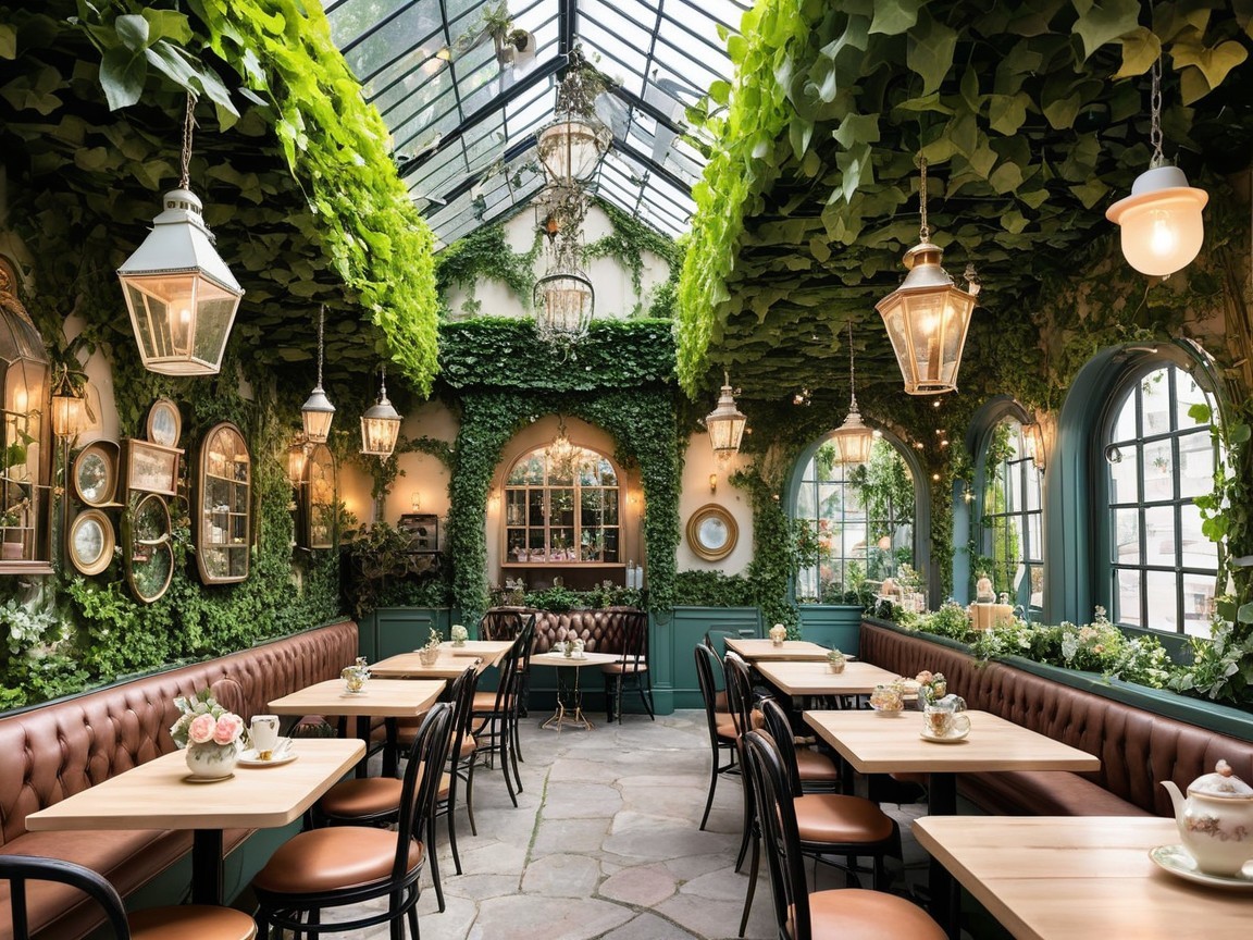 Charming Café with Greenery and Inviting Atmosphere