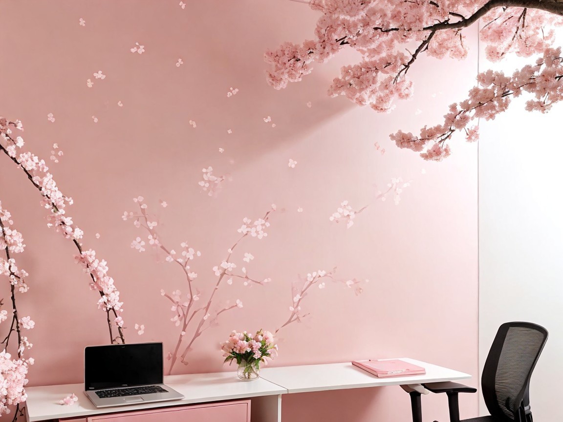 Serene Workspace with Pink Walls and Minimalist Decor