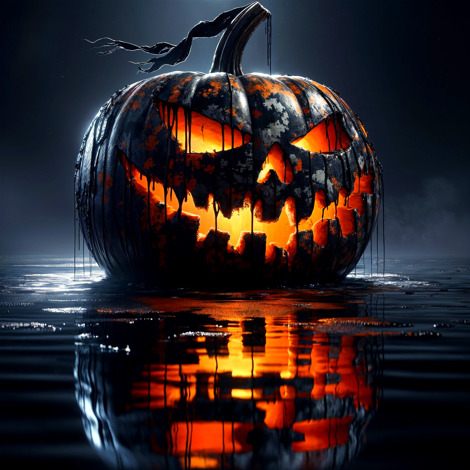 Sinister Jack-o'-Lantern on Dark Reflective Surface
