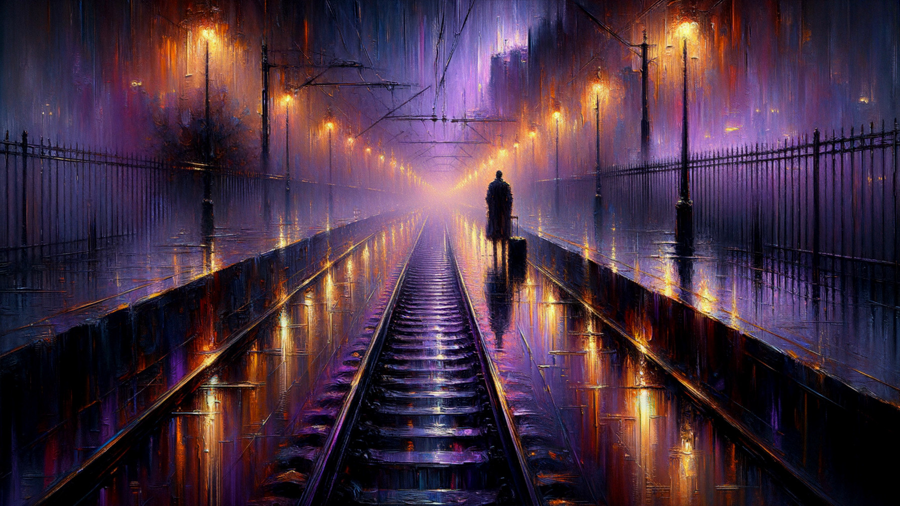 Lone figure on a rain-soaked train platform at dusk