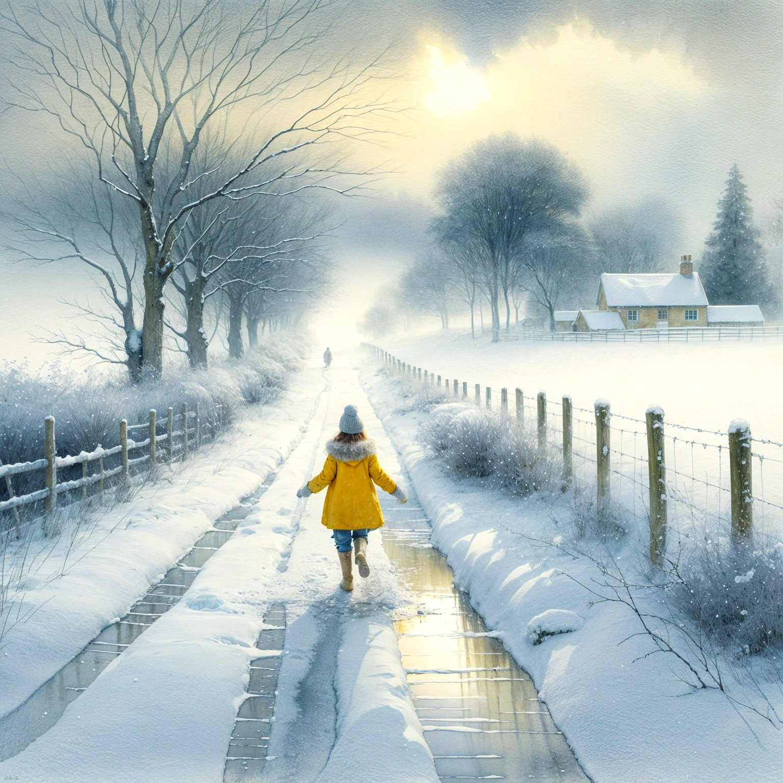 Solitary Figure in Yellow Coat in Winter Landscape