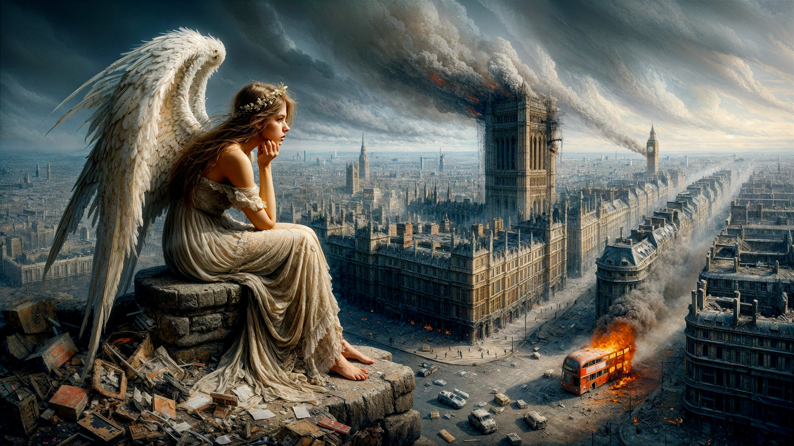 Sorrowful angel in dystopian cityscape with chaos