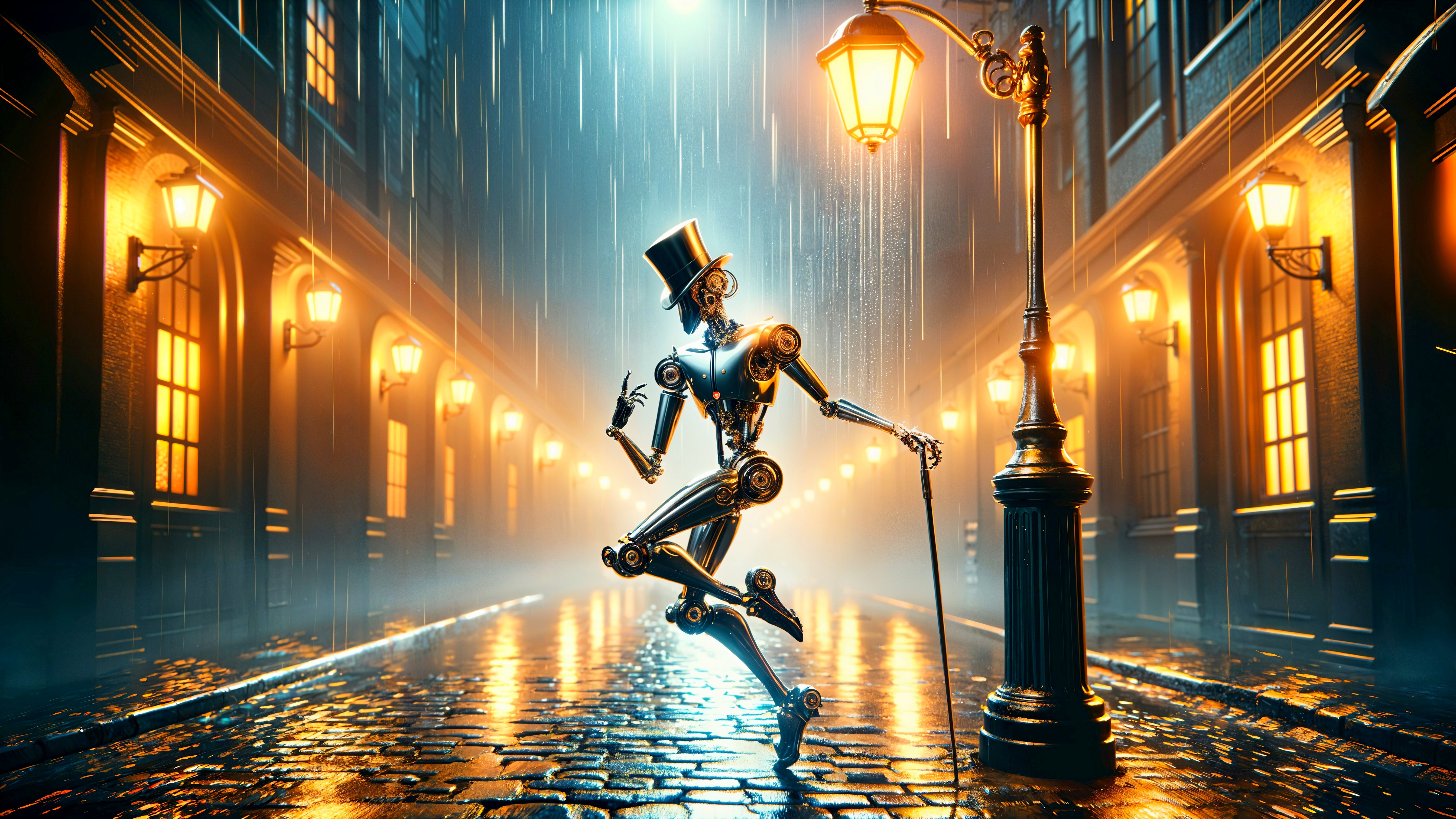 Stylish Robot in Top Hat on Rainy Cobblestone Street