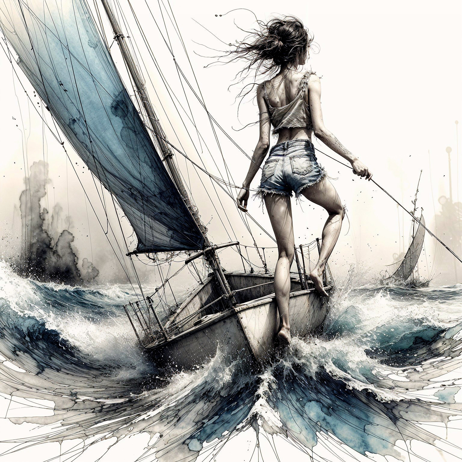 Woman on Sailboat Navigating Turbulent Waters