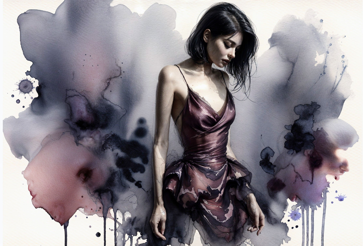 Ethereal Figure in Deep Purple Dress with Watercolor Background