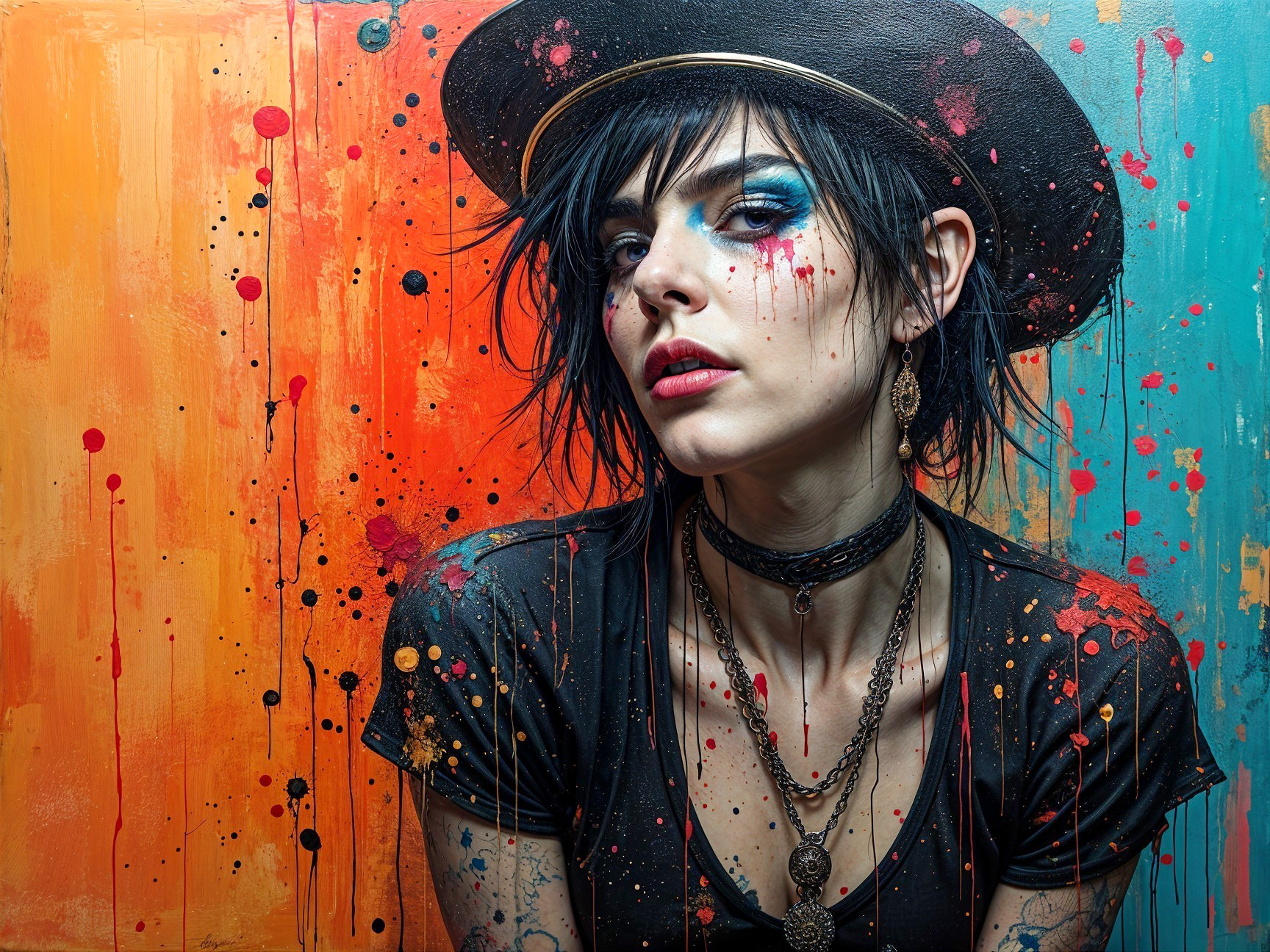 Individual with Bold Makeup and Colorful Mural Background