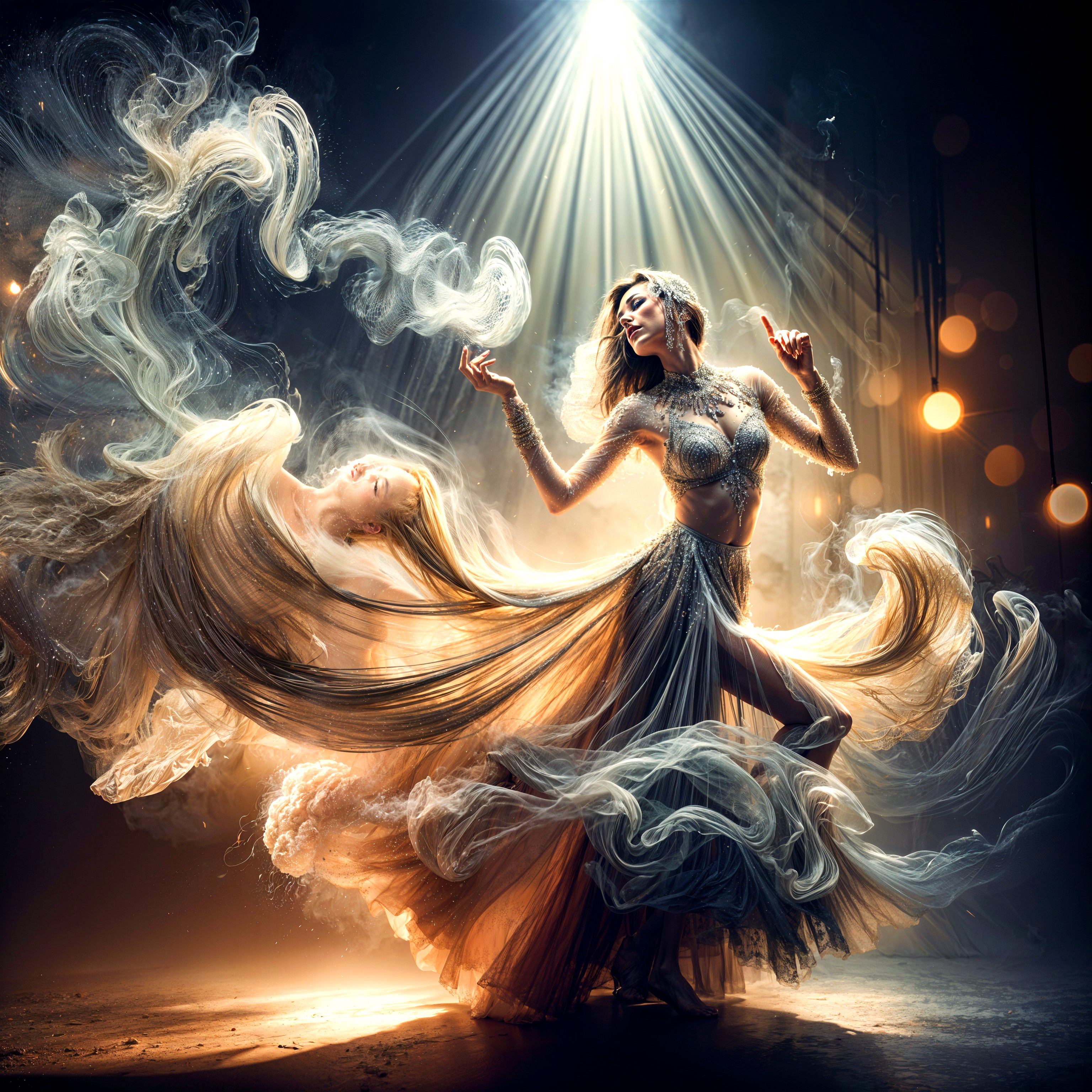 Graceful dancer in flowing gown with ethereal light