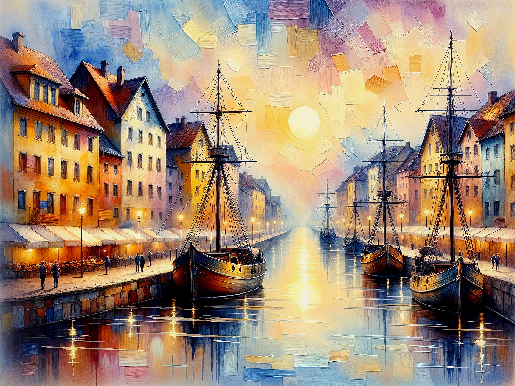 Waterfront Sunset Scene with Quaint Buildings and Boats