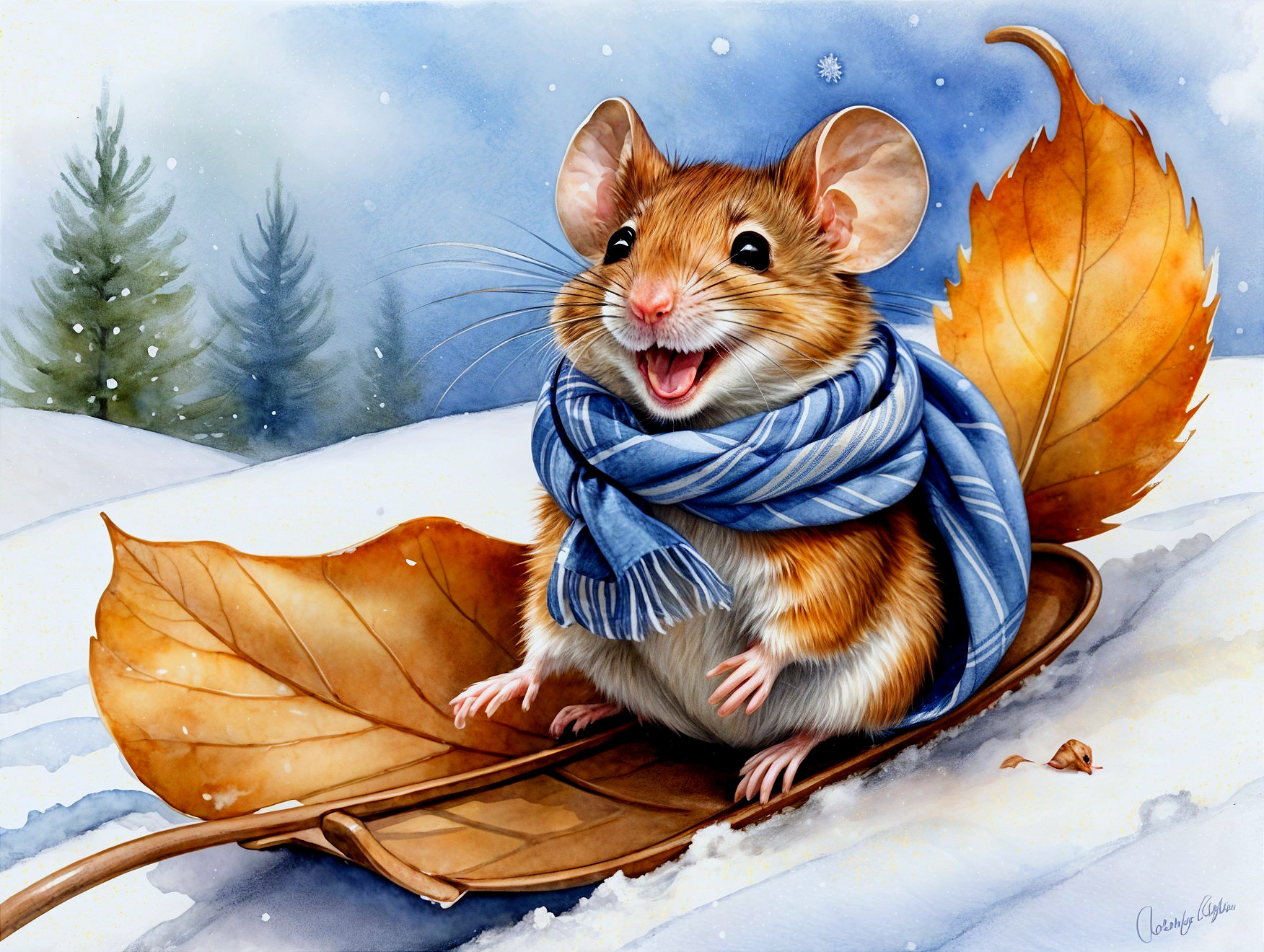 Cheerful mouse on autumn leaf in snowy landscape