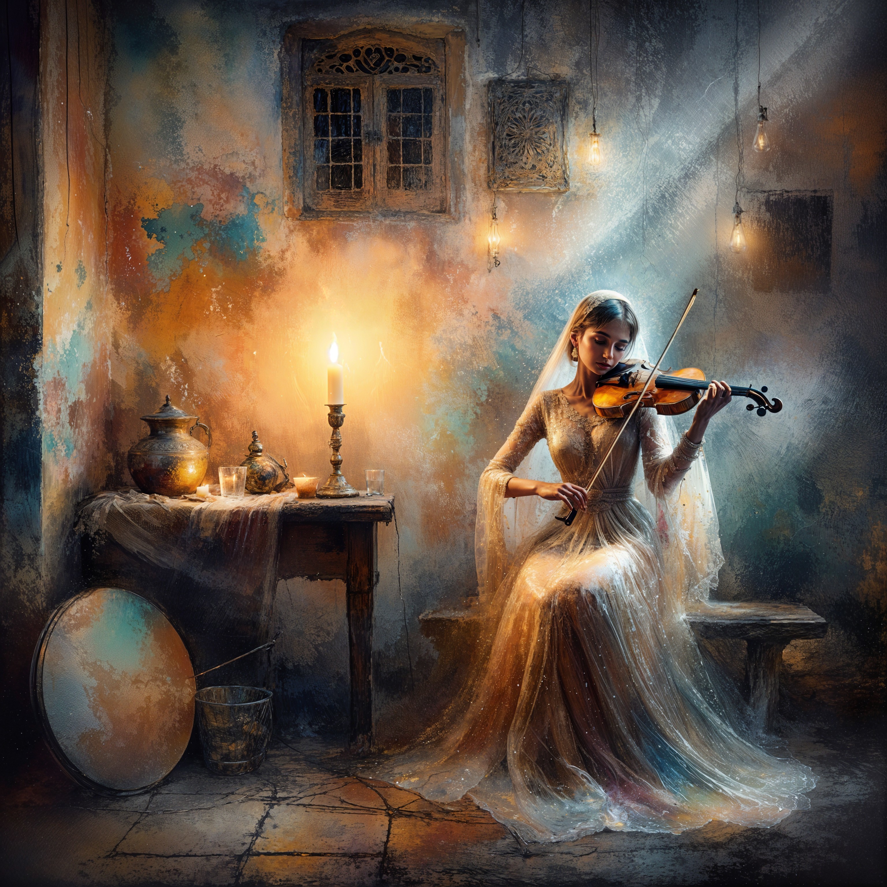 Young Woman Playing Violin in Atmospheric Room