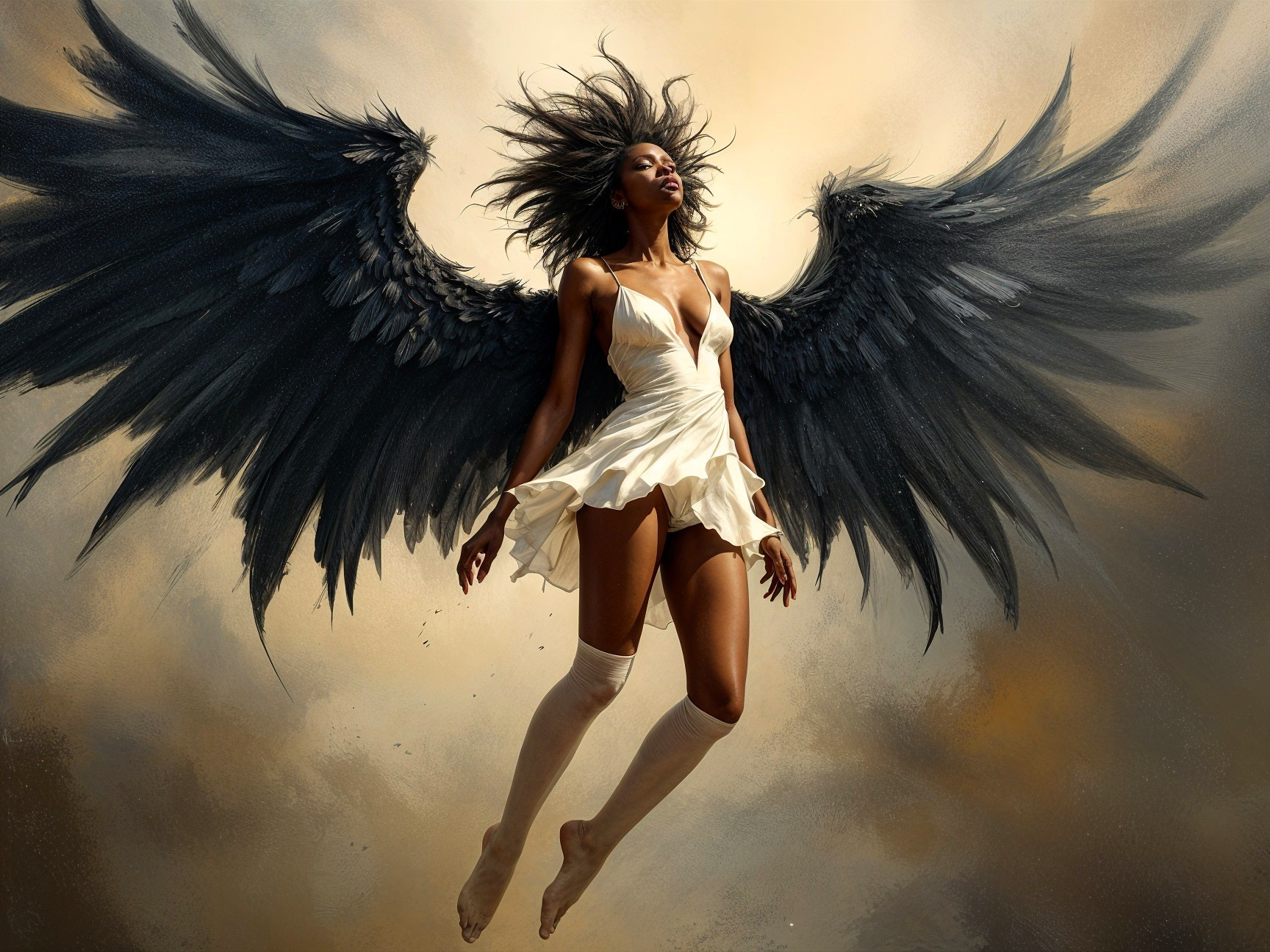Ethereal figure with dark wings in a cloudy landscape