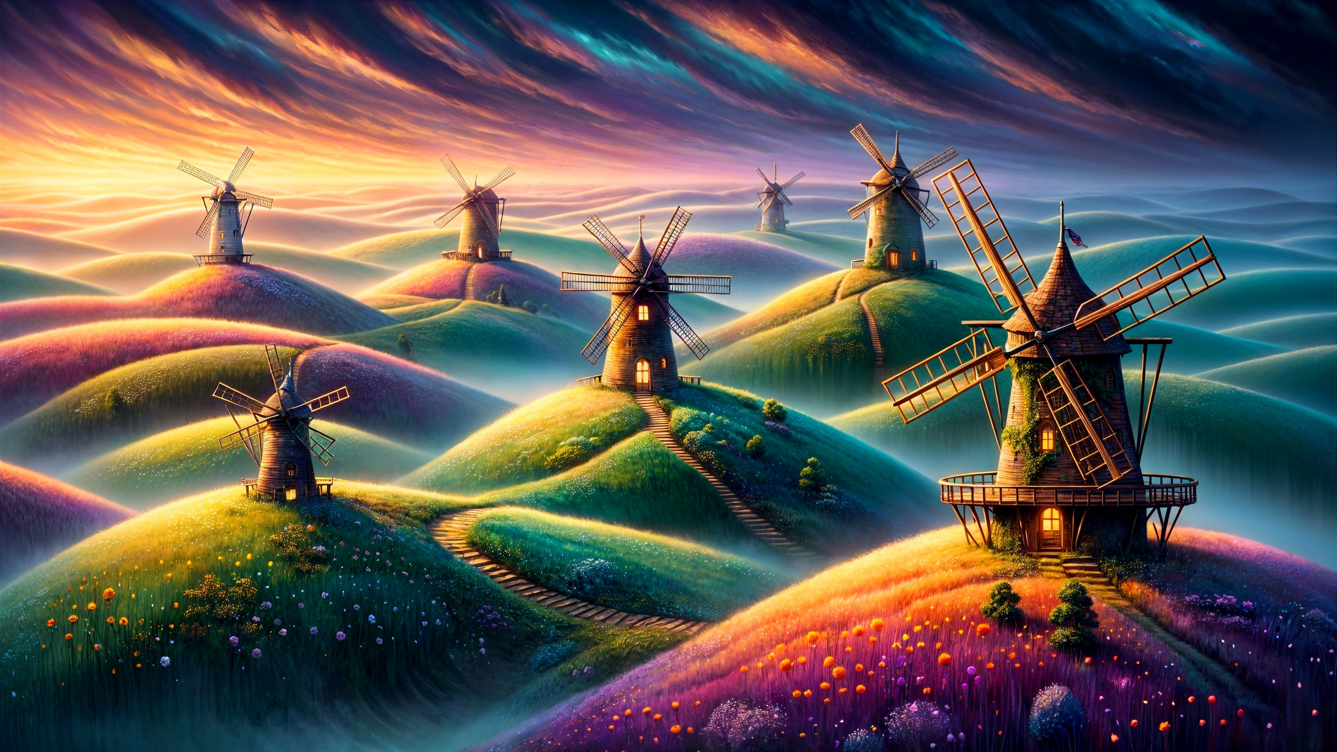 Vibrant Landscape with Hills, Wildflowers, and Windmills