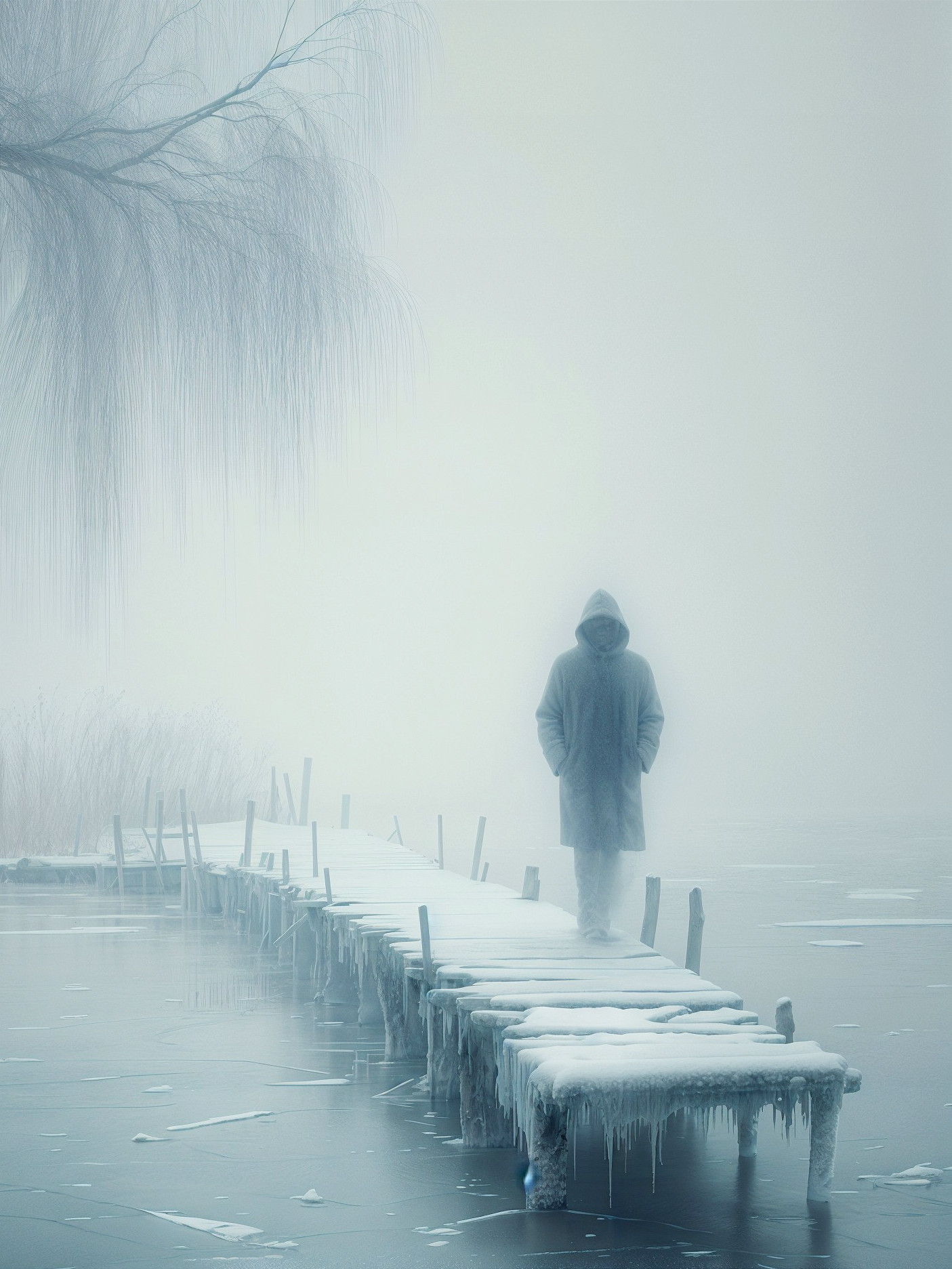 Solitary Figure on a Frosty Mist-Covered Pier