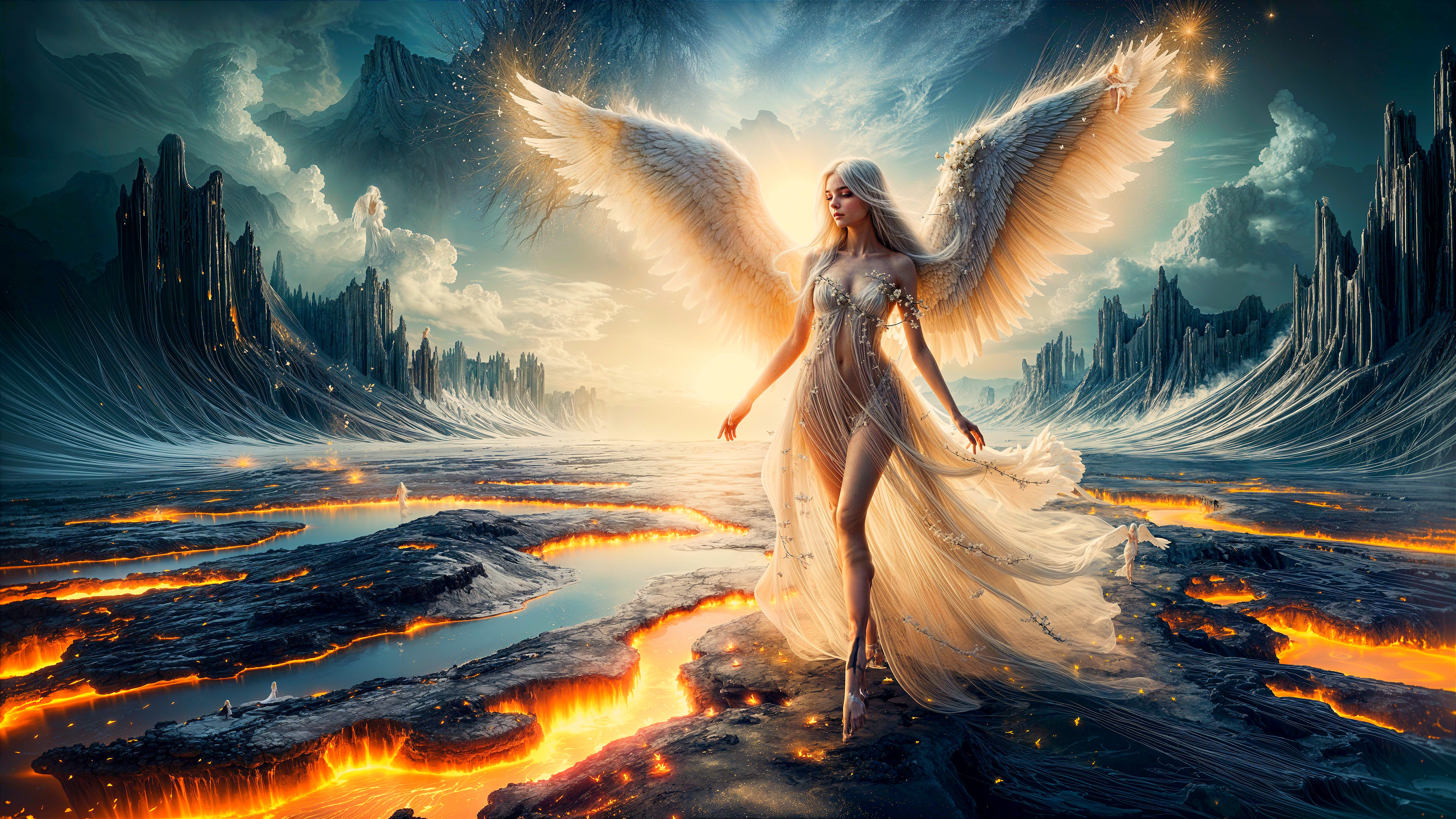 Majestic figure with luminous wings in a lava landscape