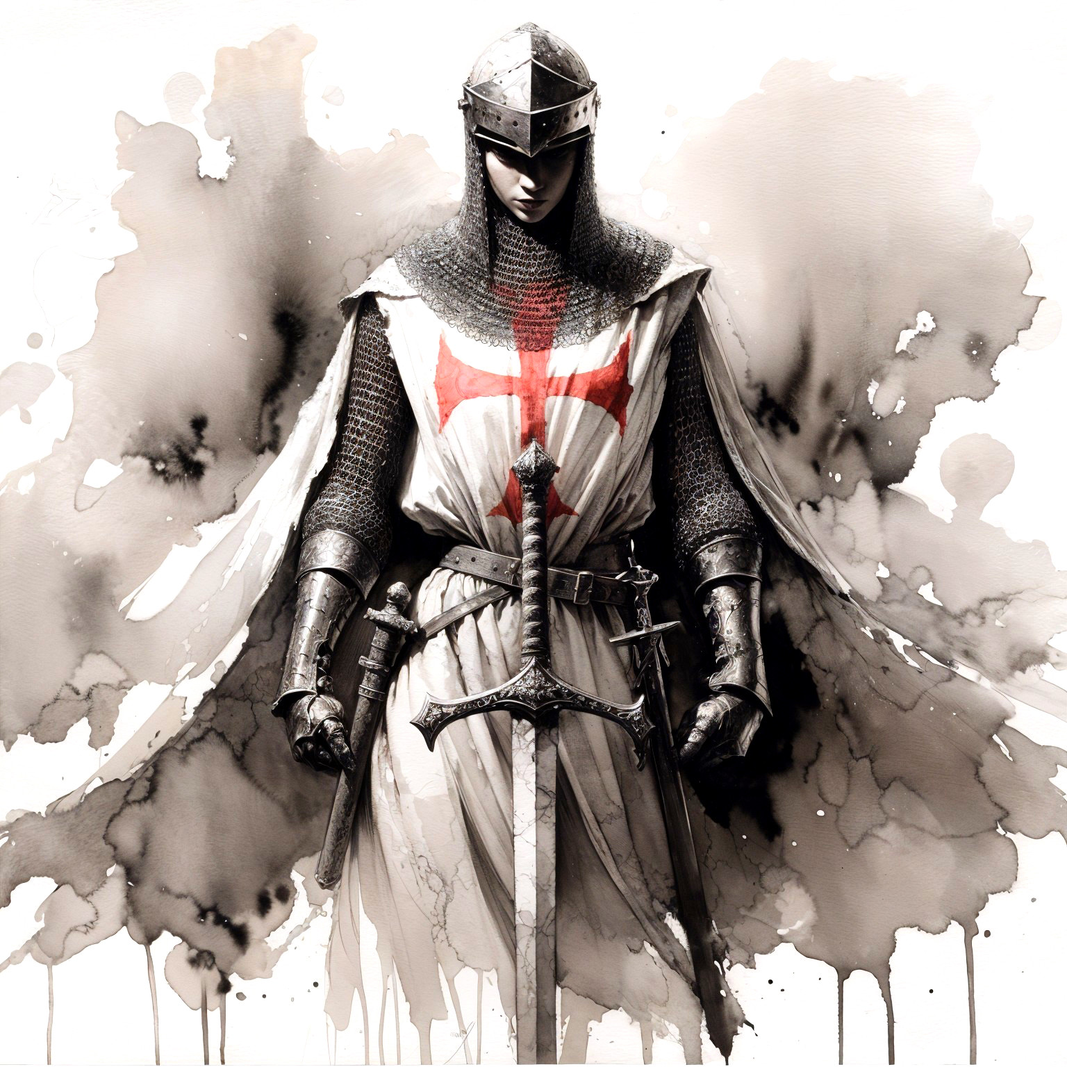 Knight in Armor with Swords and Ink Splash Background