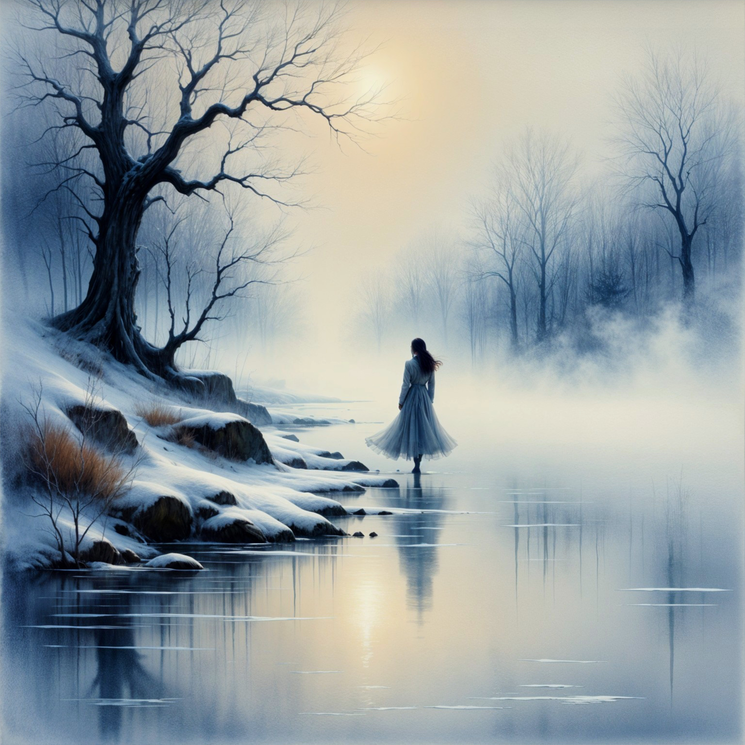 Serene Winter Landscape with Reflective River and Mist