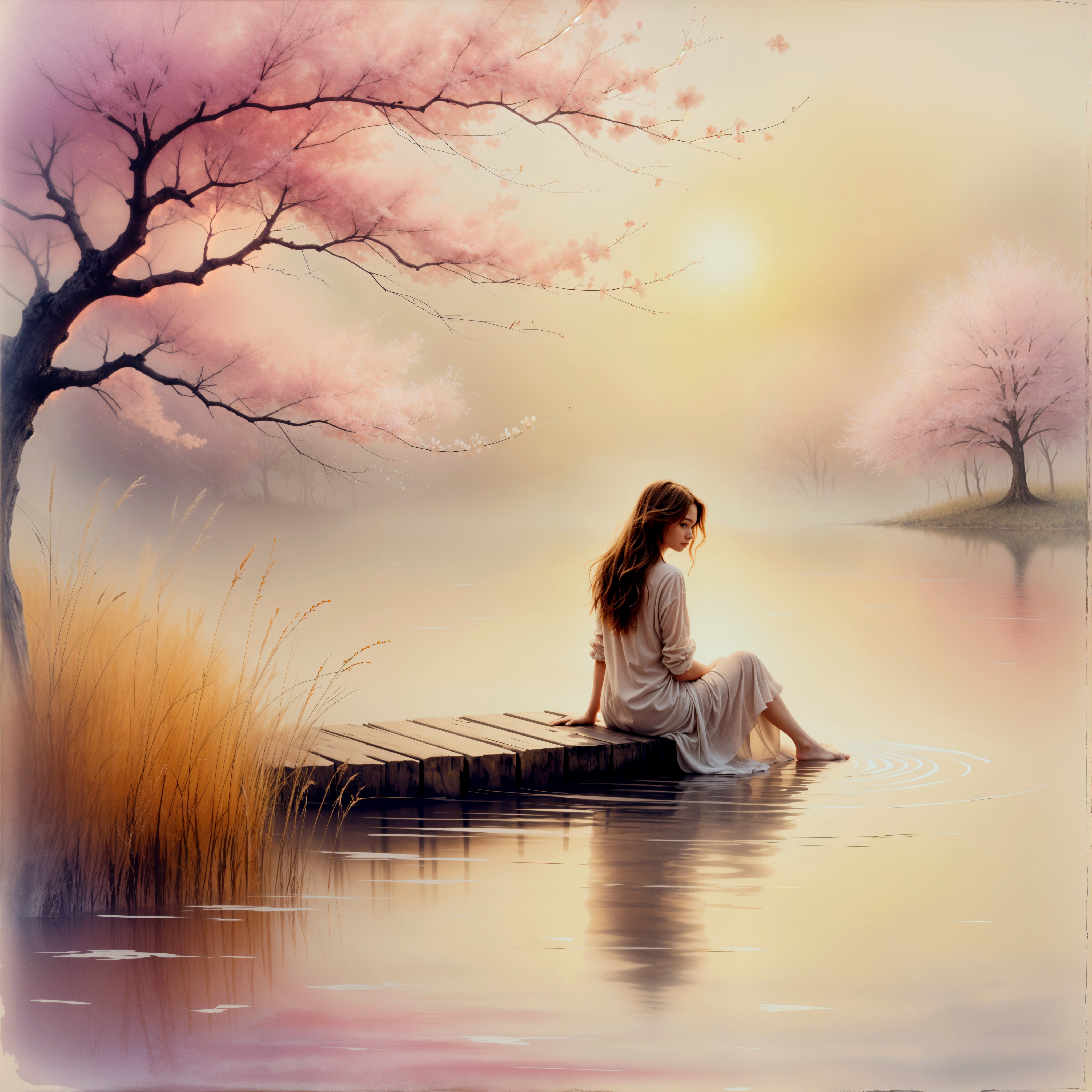 Dawn Scene of Woman by Dock with Cherry Blossoms