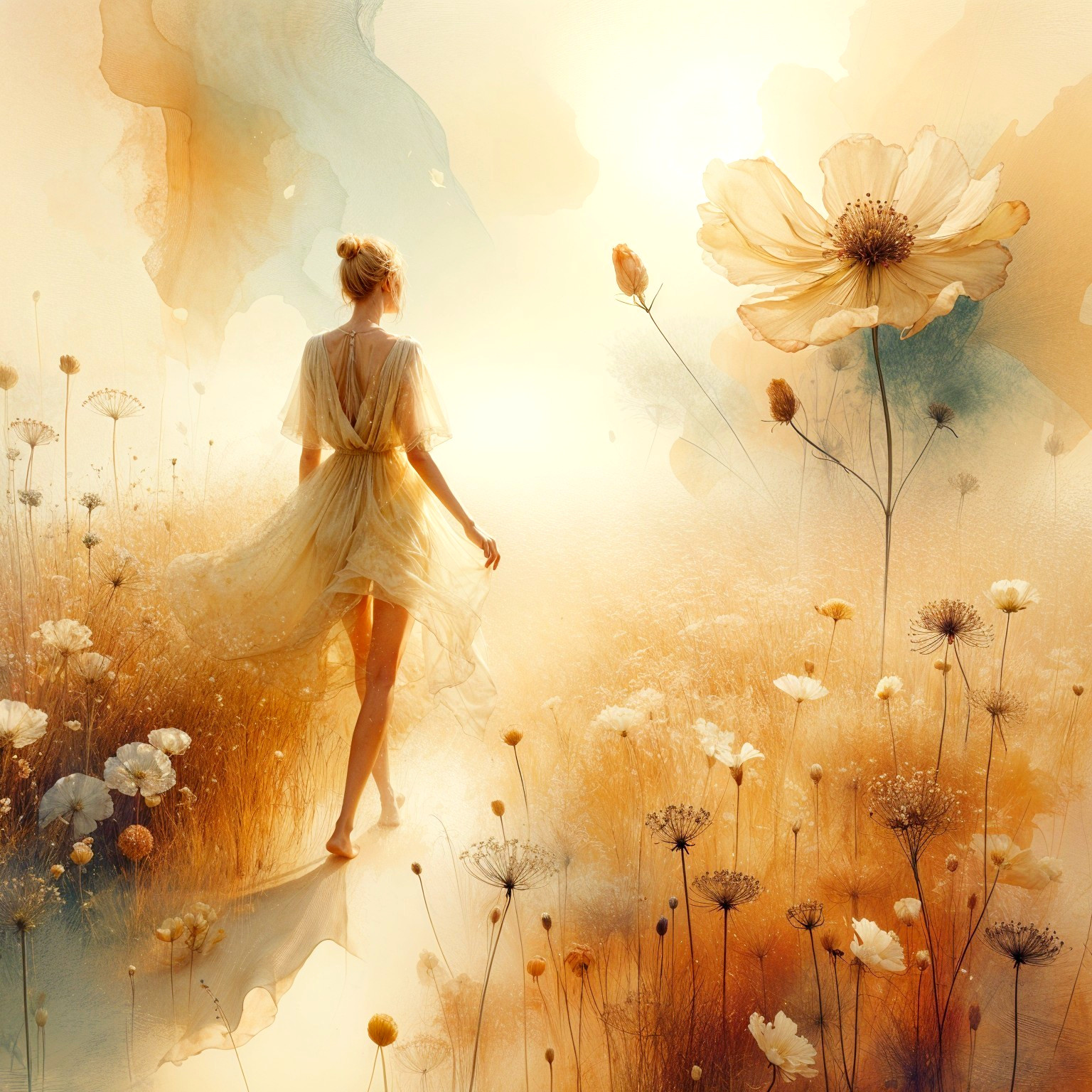 Woman in Light Dress Walking in Golden Field