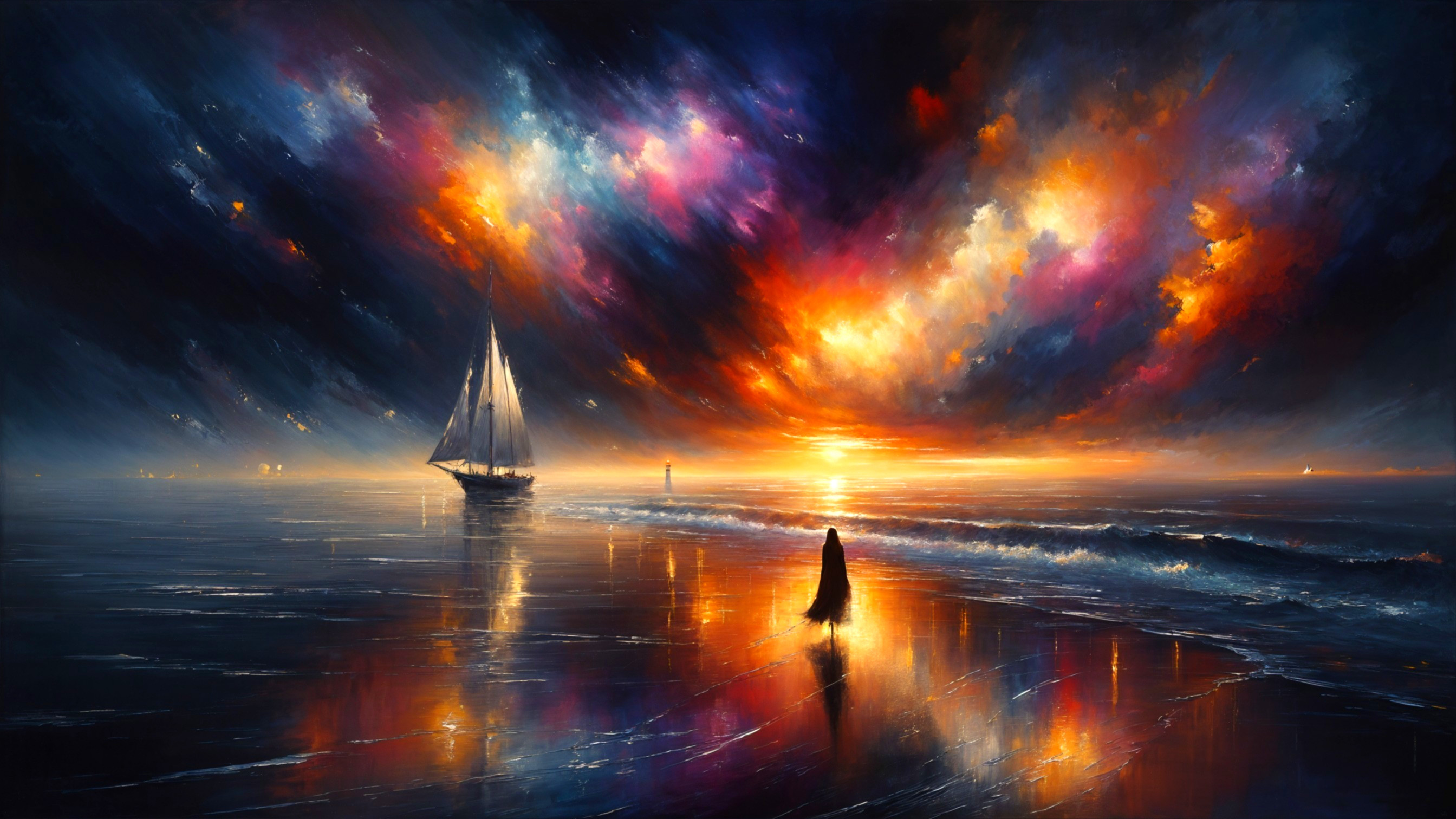 Seascape at Sunset with Vibrant Sky and Solitary Figure