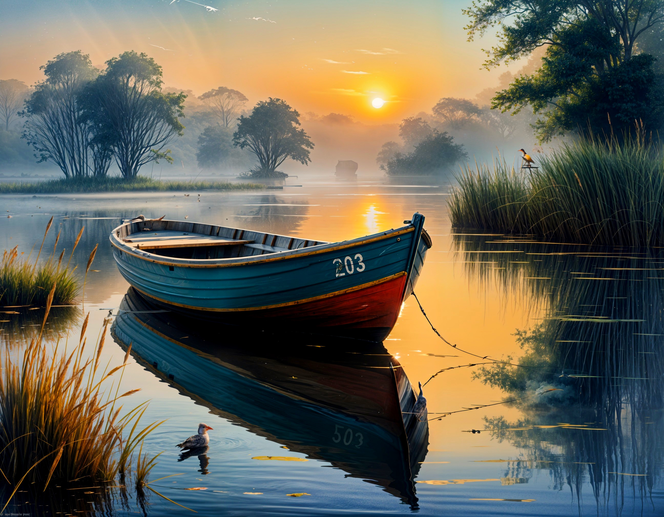 Serene Morning Scene with Blue Boat on Still River