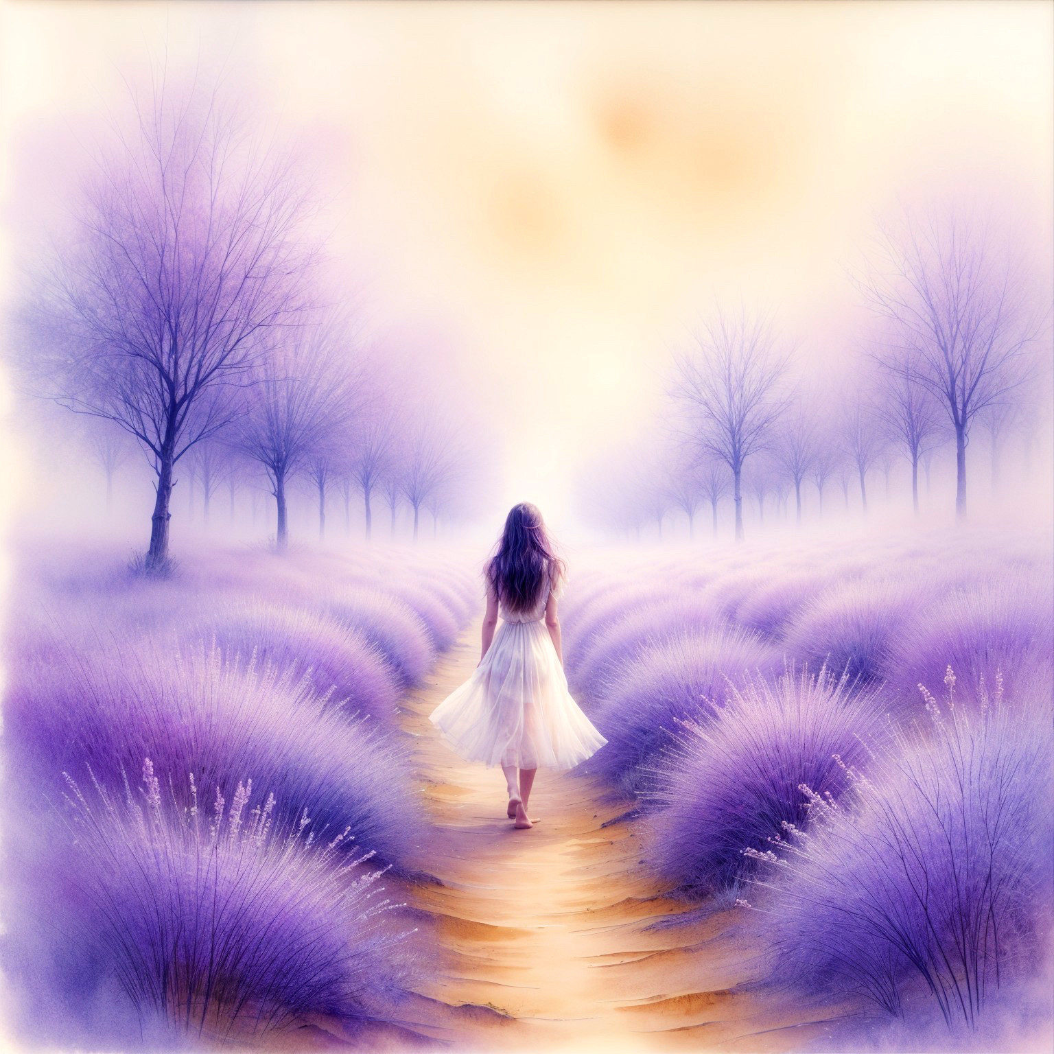 Lone Figure Walking Through Lavender Fields Pathway