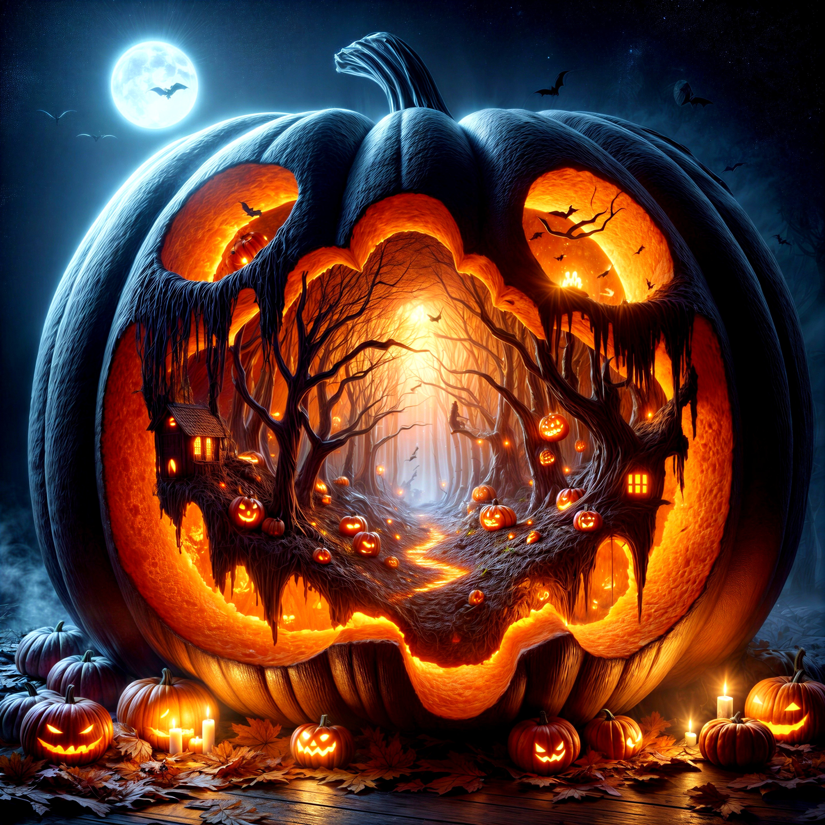 Giant Carved Pumpkin Illuminates Mystical Forest Path