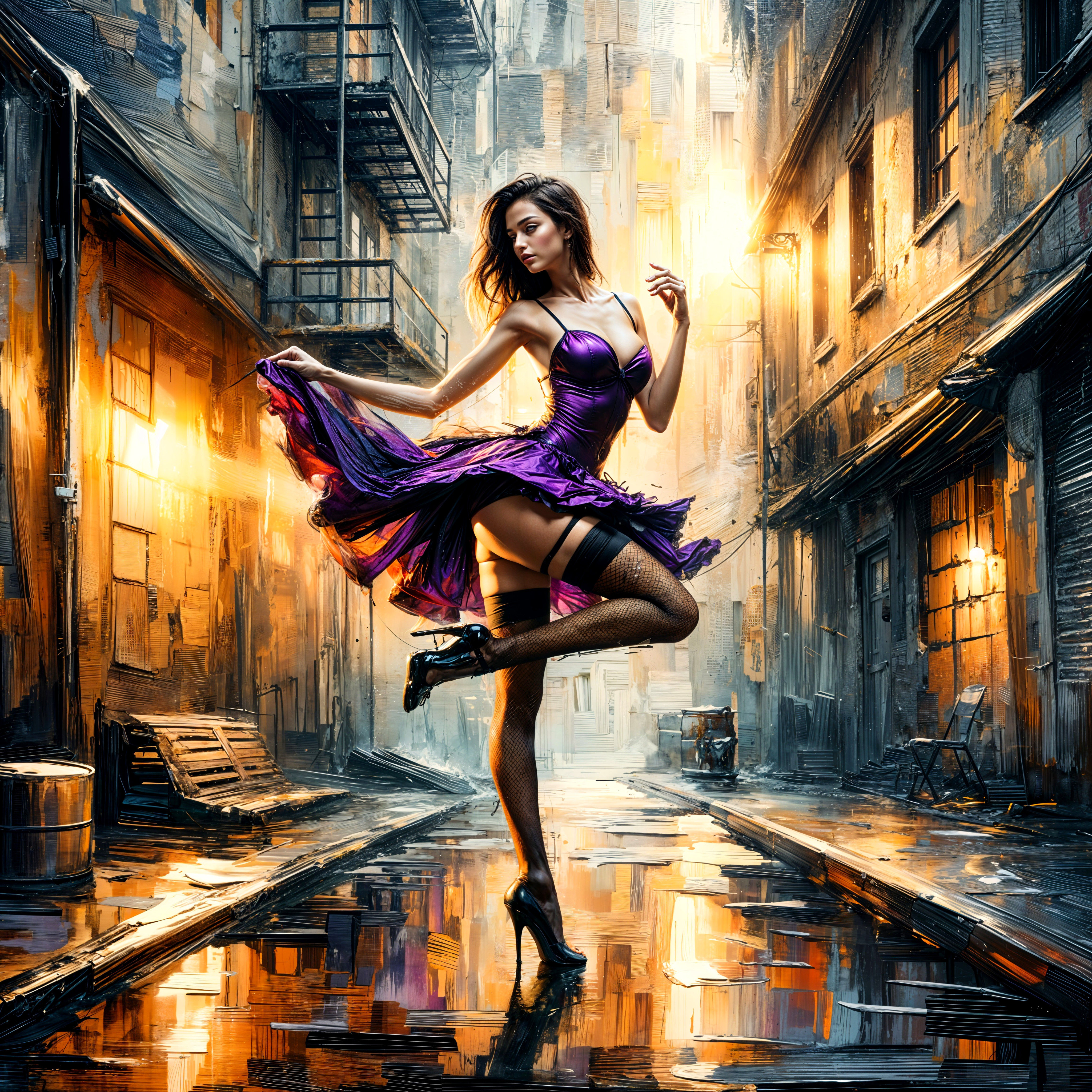 Dancer in Purple Dress Amidst Urban Alley Scene