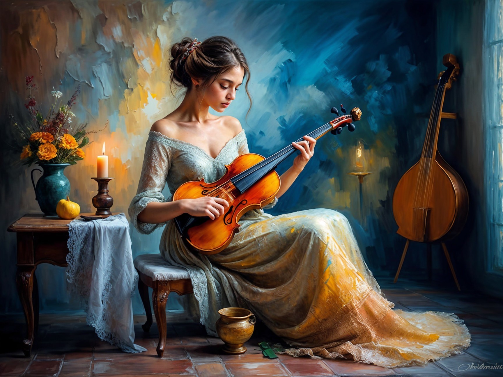 Young Woman Playing Violin in Elegant Candlelit Room