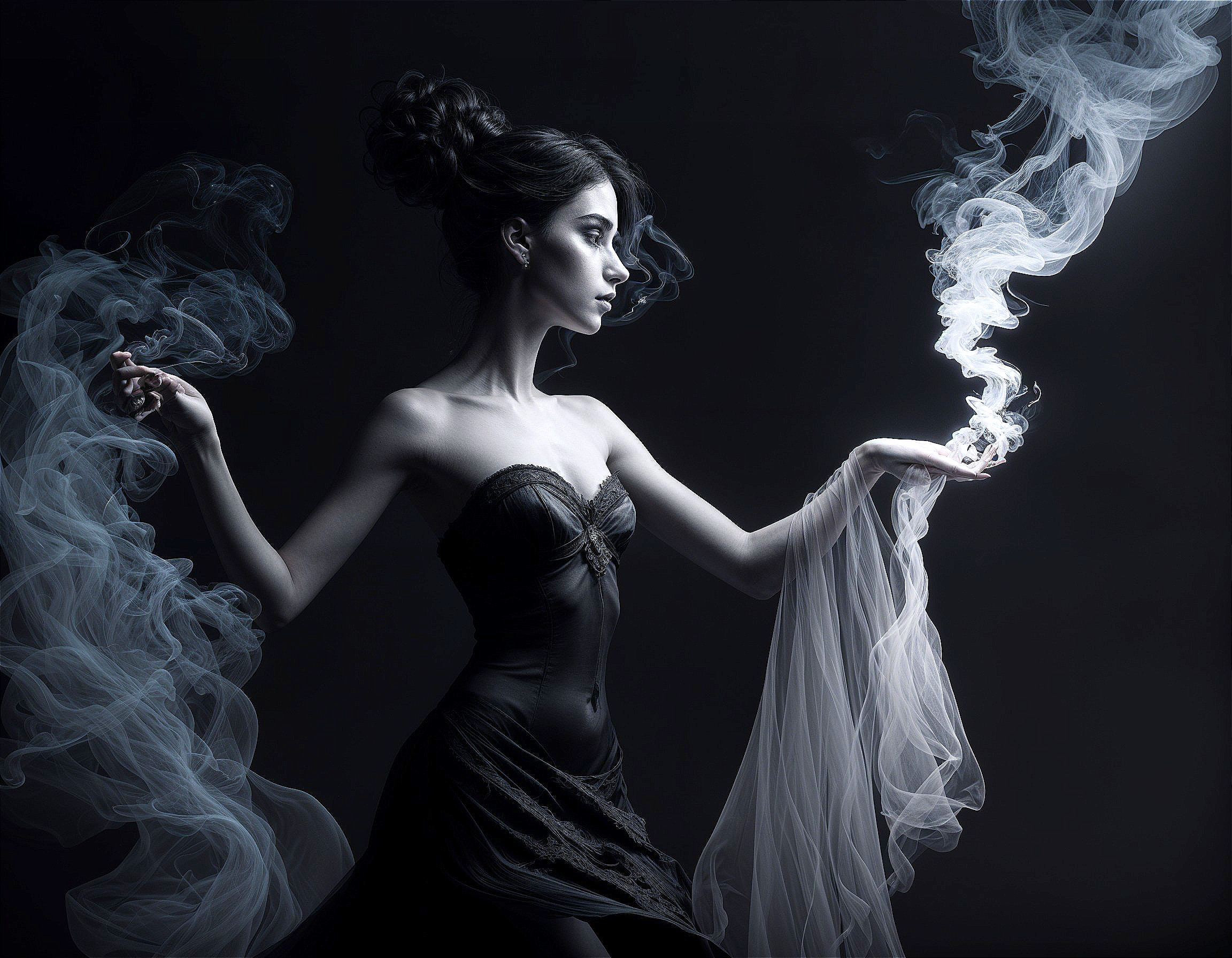 Woman in Dark Dress Surrounded by Ethereal Smoke