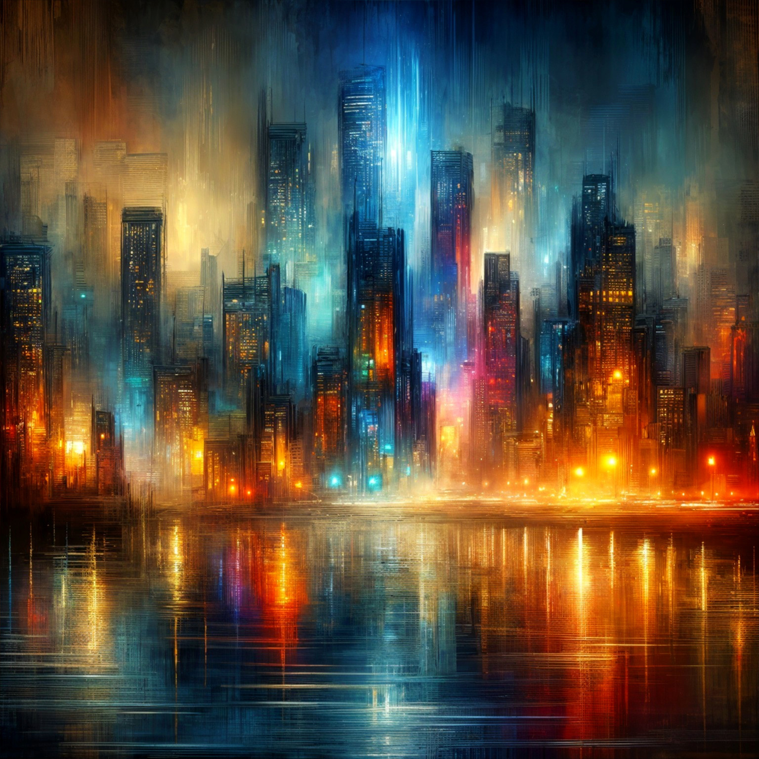 Vibrant Night Cityscape with Illuminated Skyscrapers