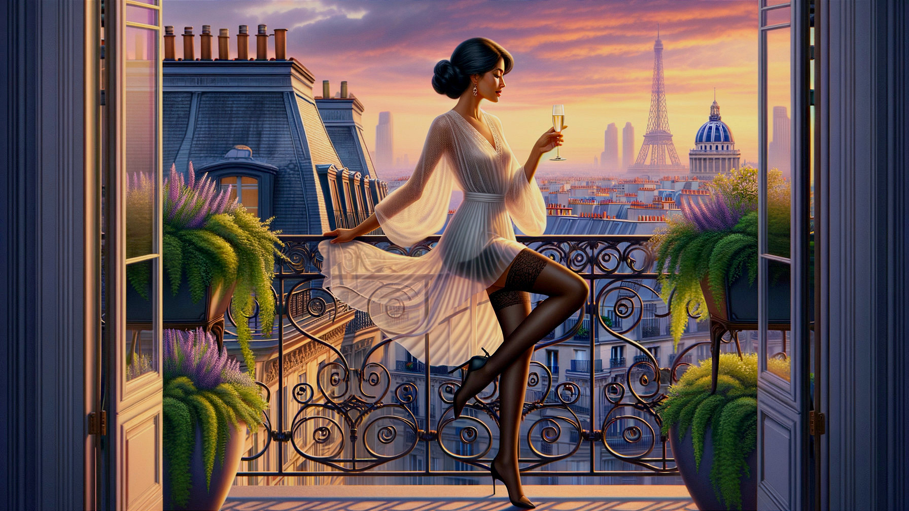 Elegant Woman on Balcony Overlooking Paris at Sunset